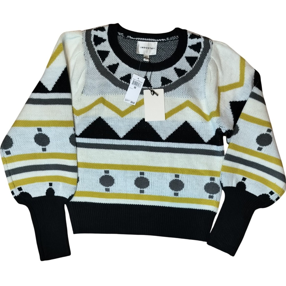 INDUSTRY‎ Black Ivory Chartreuse Geometric Pattern Puff Sleeve Women's Sweater